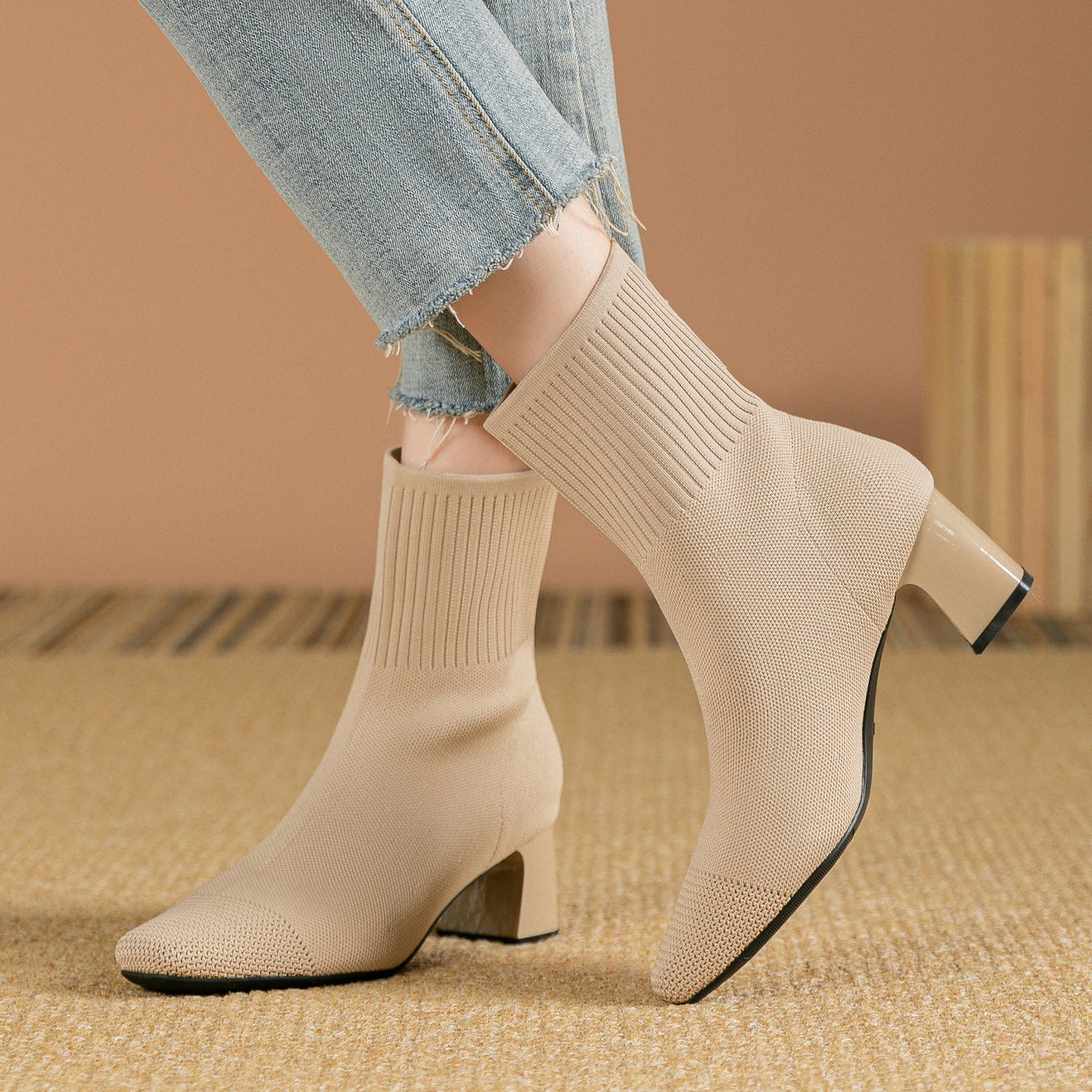 Bottines Chaussettes en Maille avec Talon Épais