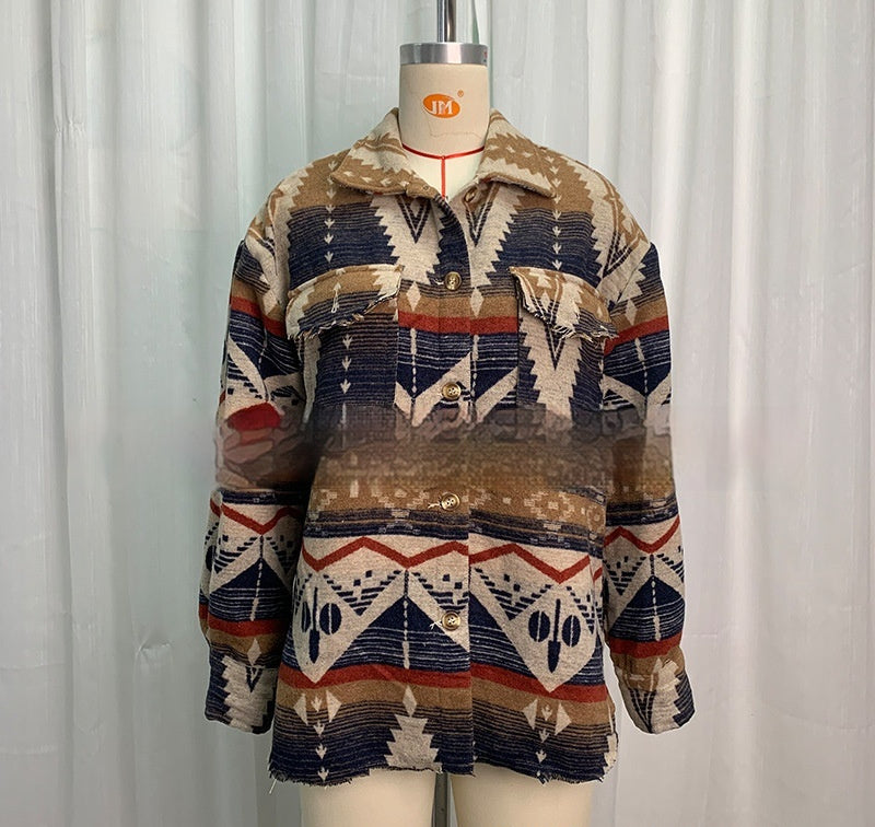 Veste Style Rétro Épaisse à Imprimé Aztèque en Laine