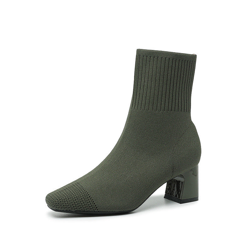 Bottines Chaussettes en Maille avec Talon Épais