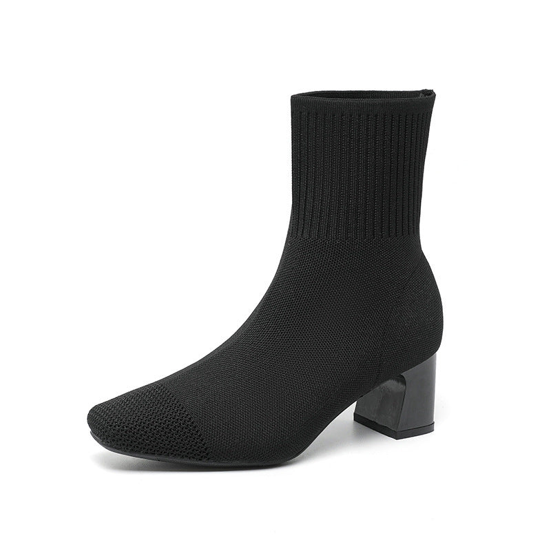 Bottines Chaussettes en Maille avec Talon Épais