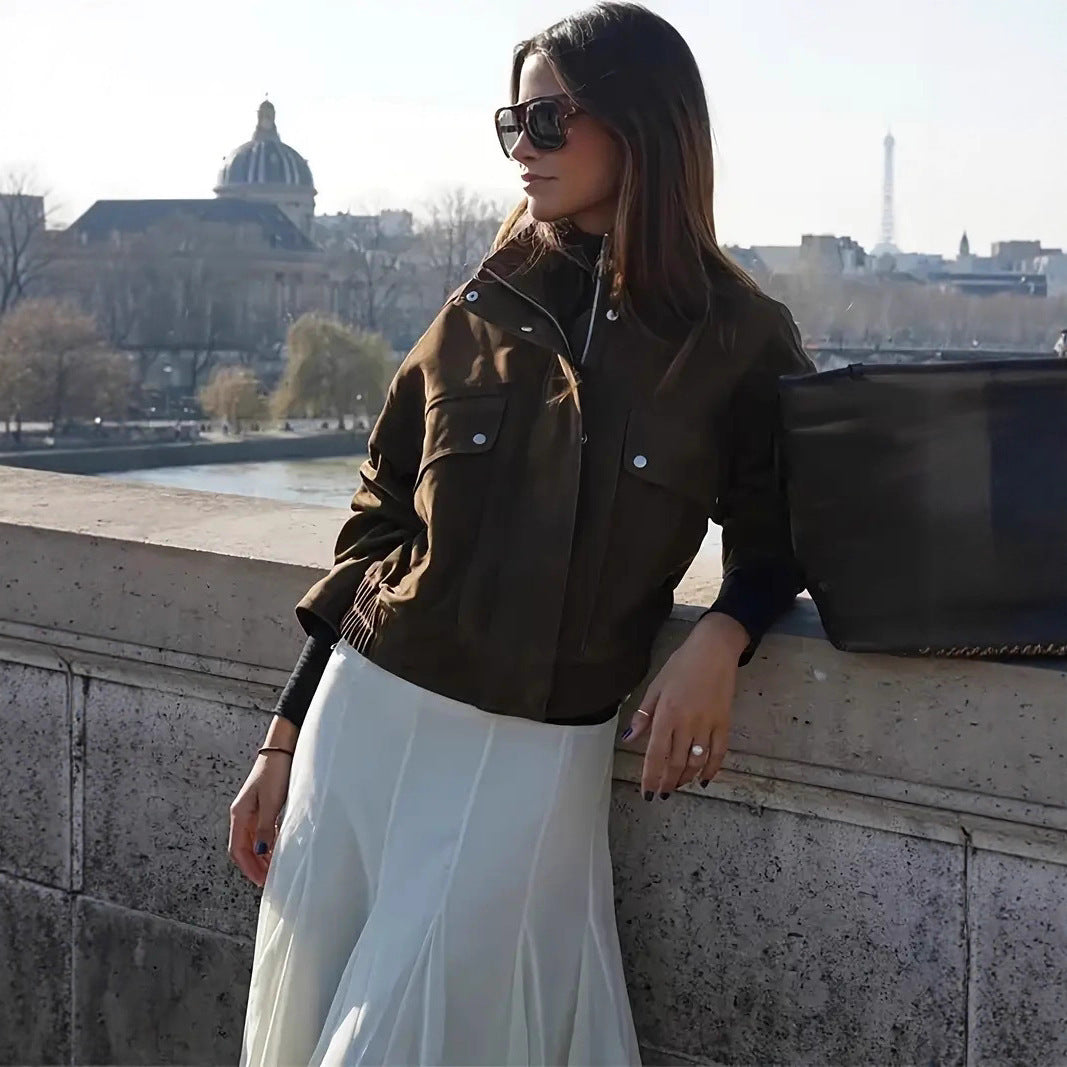 Veste Marron à Fermeture Éclair sur le Devant, Trench Court