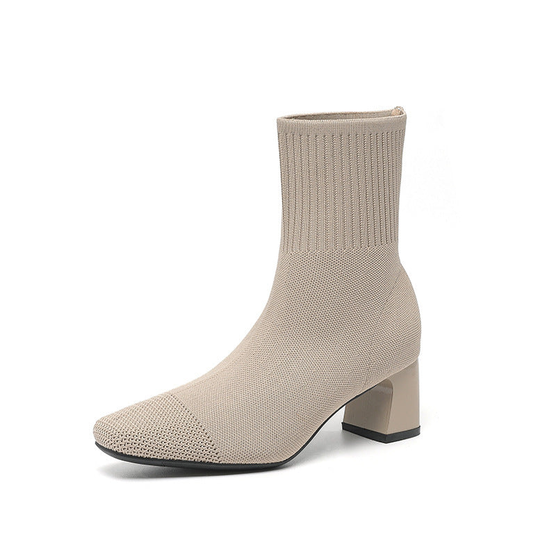 Bottines Chaussettes en Maille avec Talon Épais