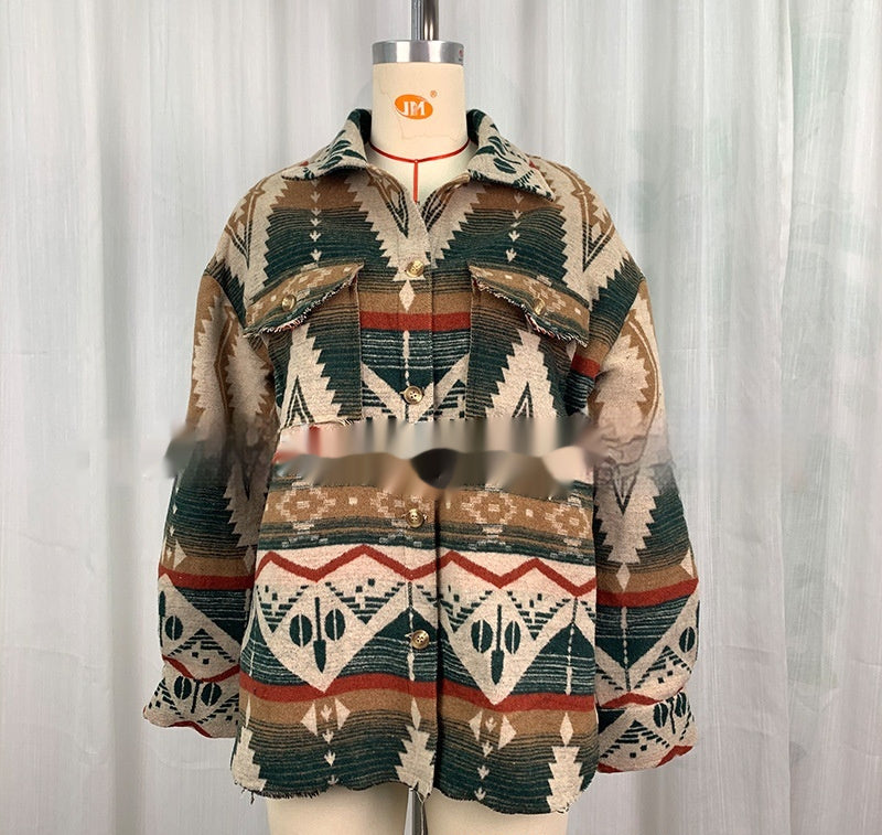 Veste Style Rétro Épaisse à Imprimé Aztèque en Laine