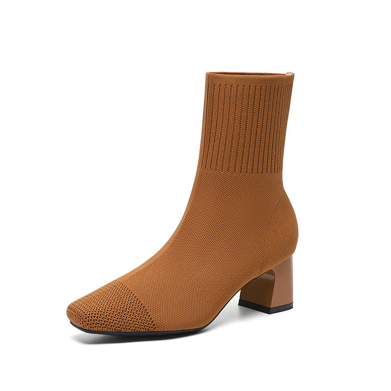 Bottines Chaussettes en Maille avec Talon Épais