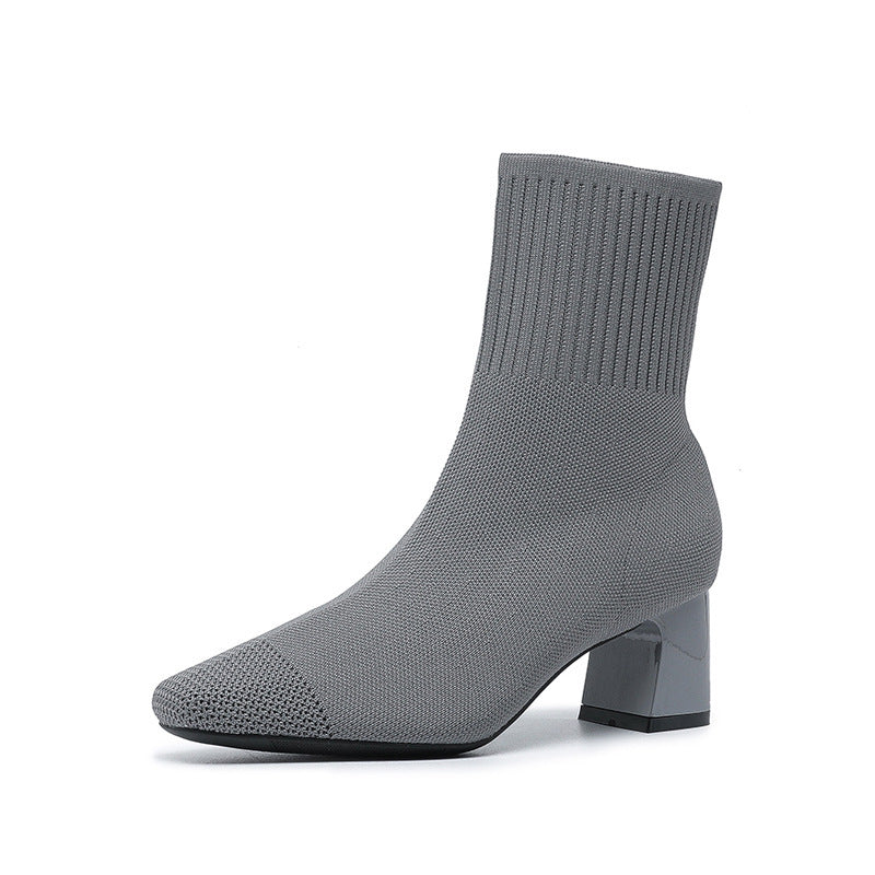 Bottines Chaussettes en Maille avec Talon Épais