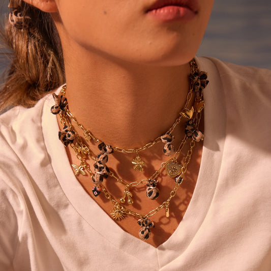 Collier Chaîne Chic Orné avec Pendentifs Léopard, Cœur et Fleurs