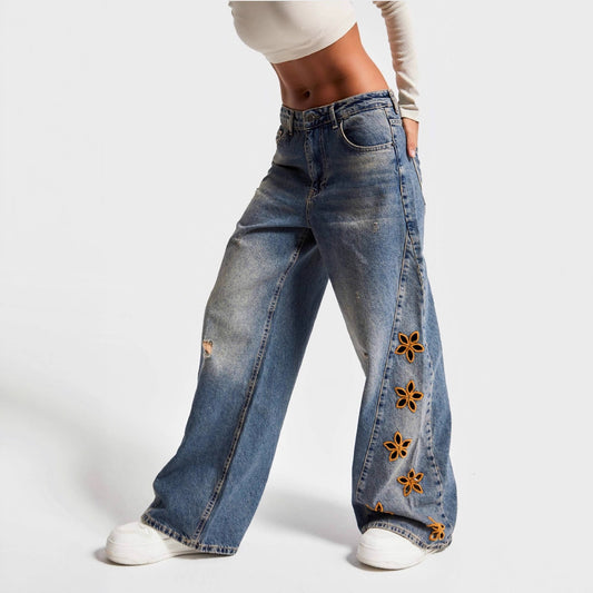 Pantalon large brodé à motifs floraux