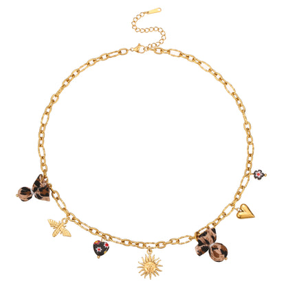 Collier Chaîne Chic Orné avec Pendentifs Léopard, Cœur et Fleurs