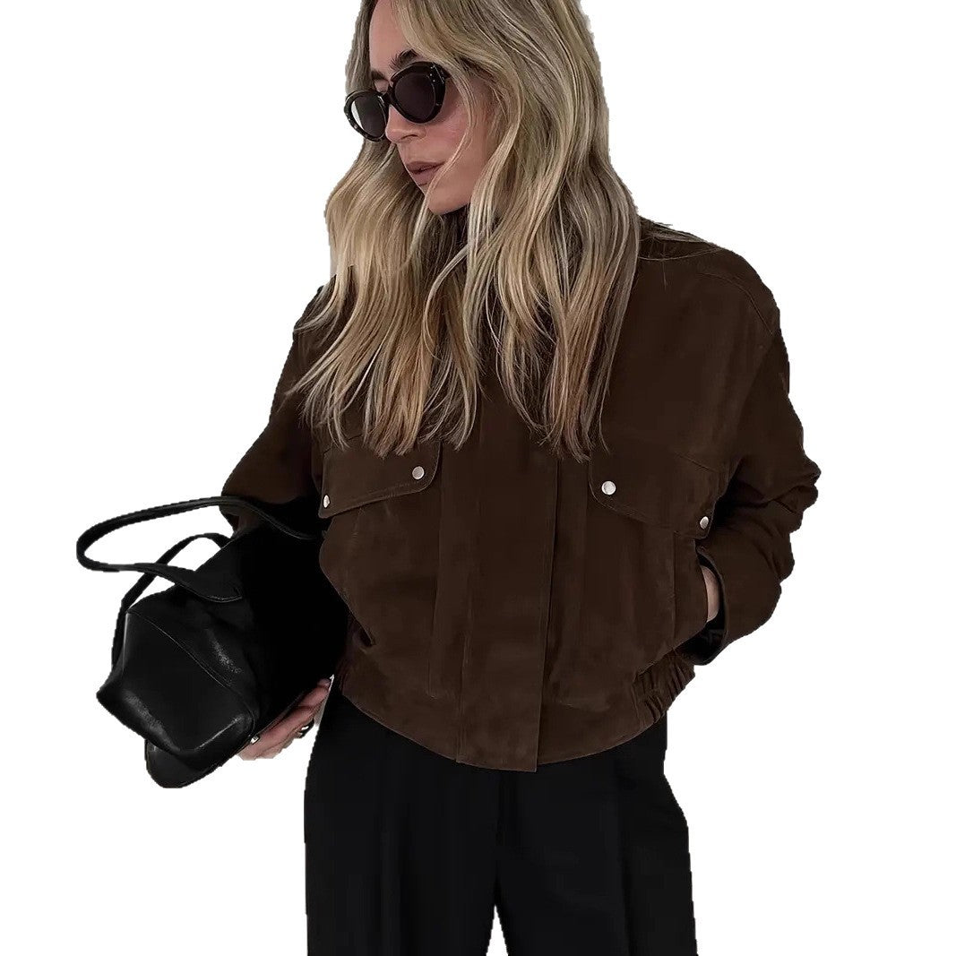 Veste Marron à Fermeture Éclair sur le Devant, Trench Court