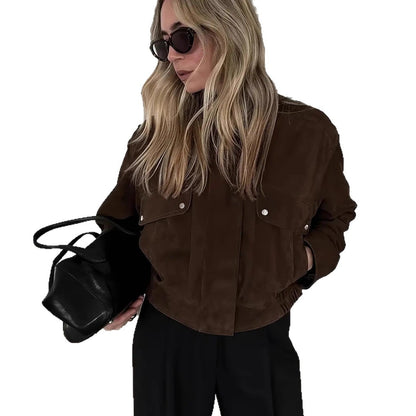 Veste Marron à Fermeture Éclair sur le Devant, Trench Court