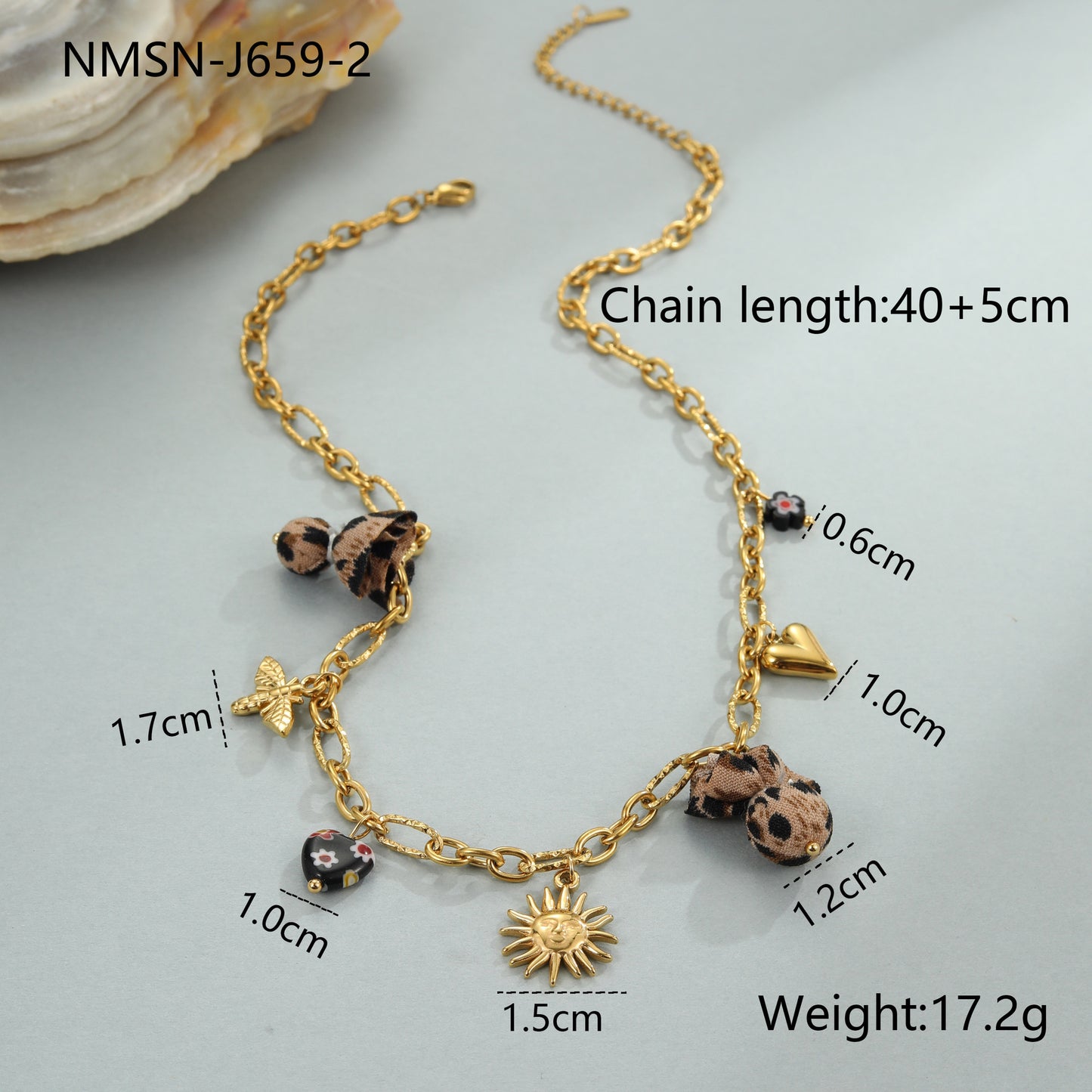 Collier Chaîne Chic Orné avec Pendentifs Léopard, Cœur et Fleurs