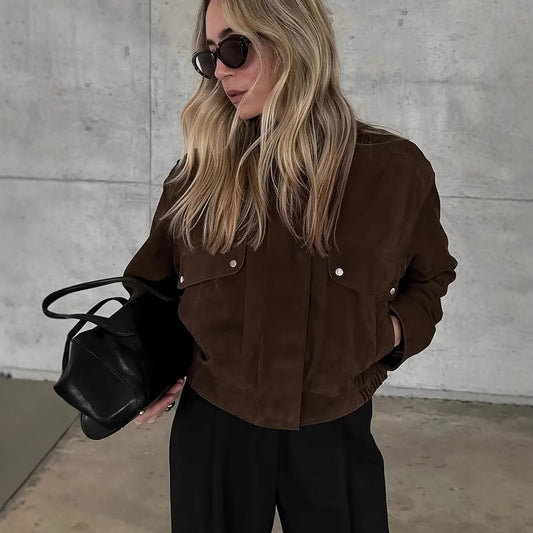 Veste Marron à Fermeture Éclair sur le Devant, Trench Court